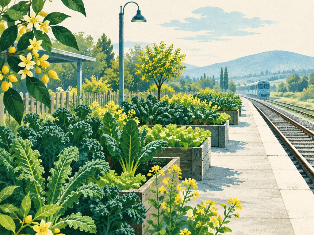 Conceptual illustration of vegetable beds beside a railway platform