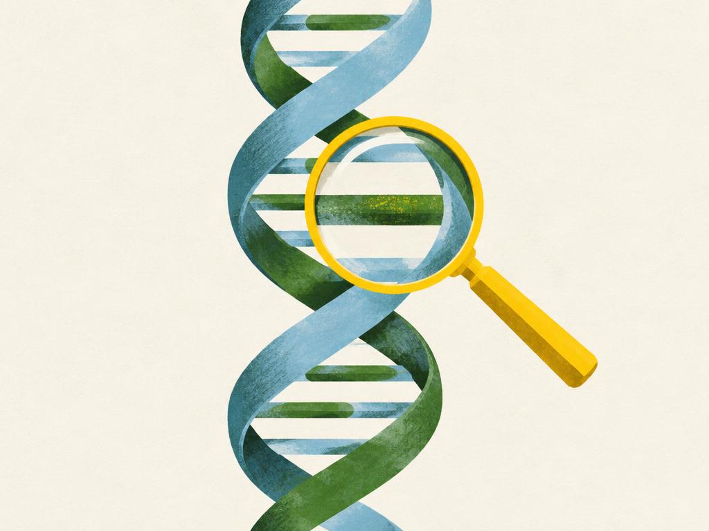 Conceptual illustration of a magnifying glass examining a DNA helix