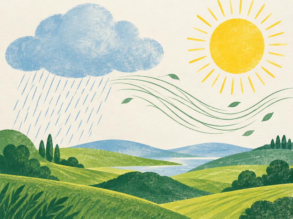 Conceptual illustration of sun, clouds and wind over a green landscape